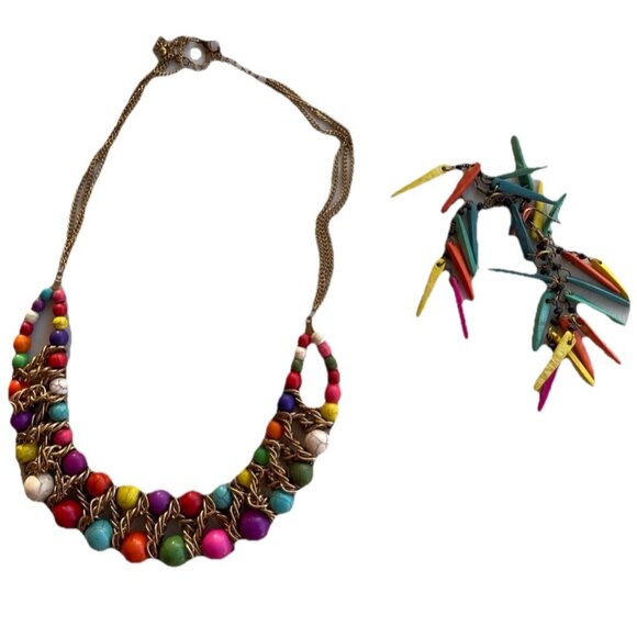 Ethnic Multicolor Boho Cord Necklace Colorful Beads Round Natural Stones 22” - Picture 1 of 16